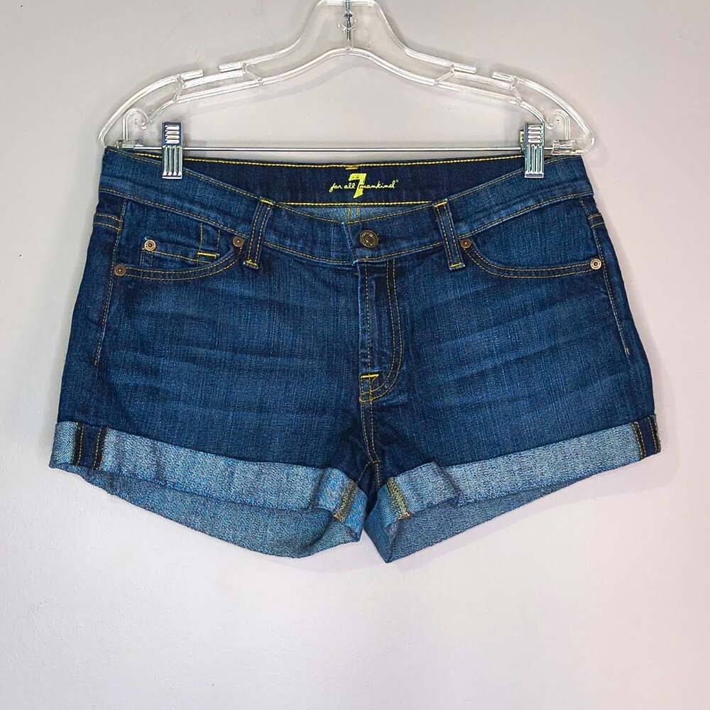 7 For All Mankind Womens Blue Cuffed Denim Shorts Mid Rise Stretch Size 29